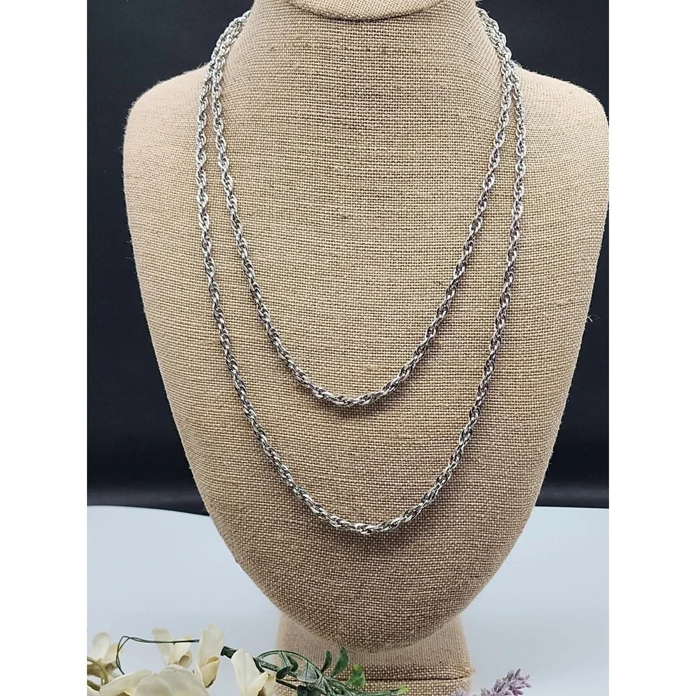 Vintage Monet Double-Link‎ Curb Chain Necklace Silver Tone 54in Signed